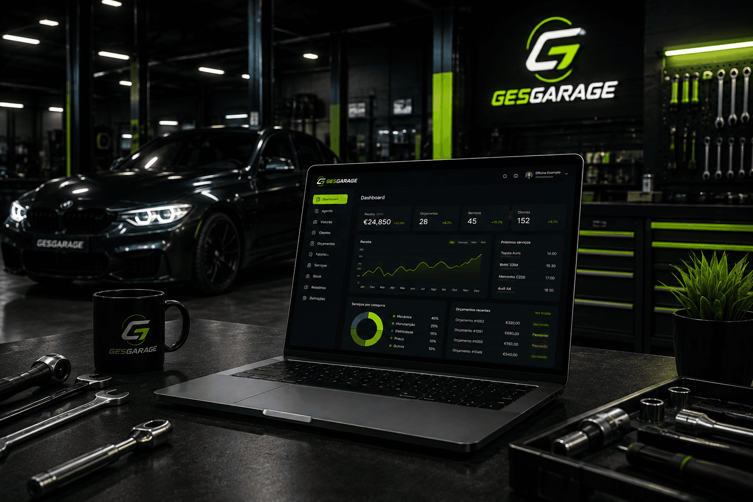 Dashboard Gesgarage num portátil, numa oficina automóvel