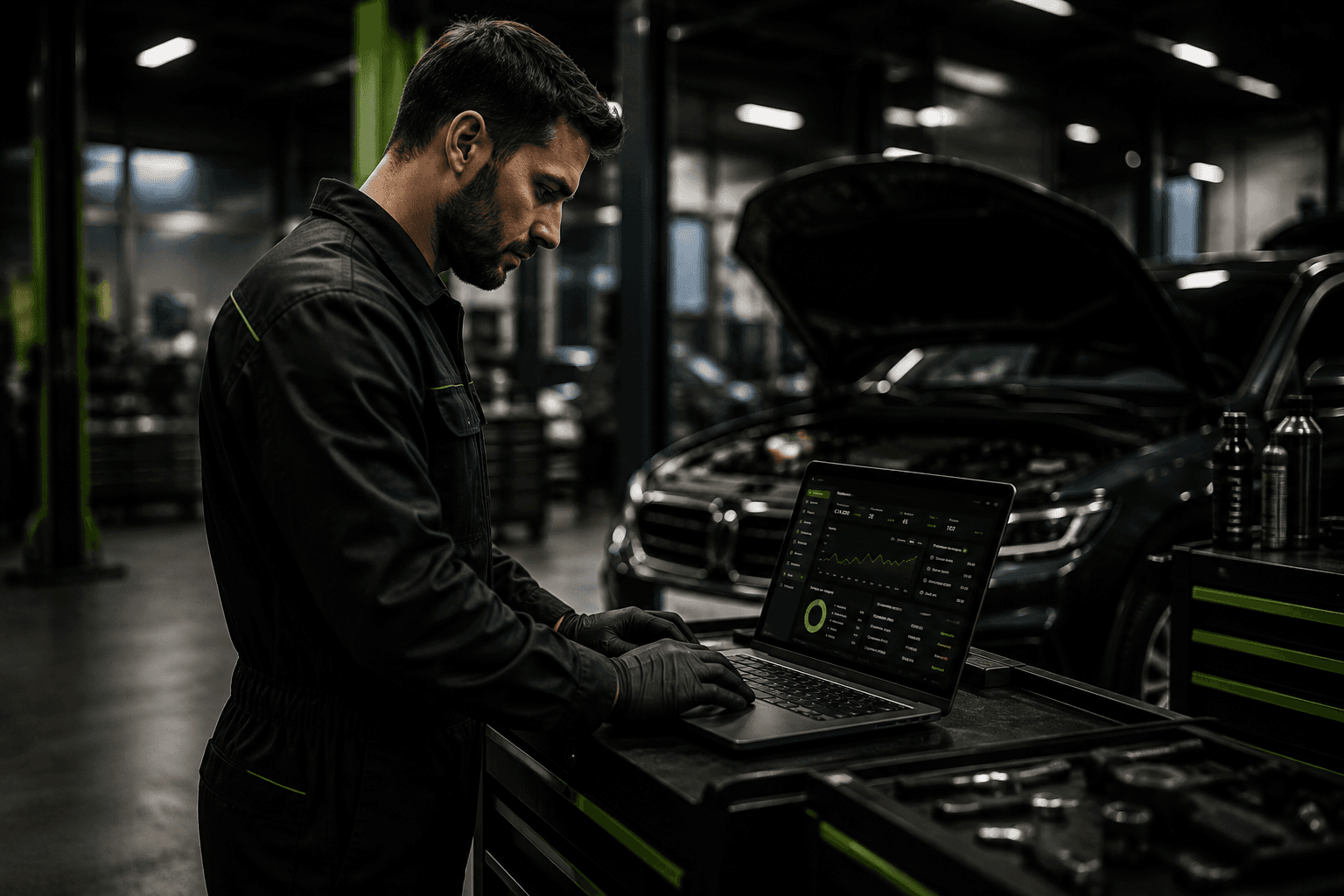 Técnico a consultar o dashboard Gesgarage num portátil, junto a uma viatura em reparação